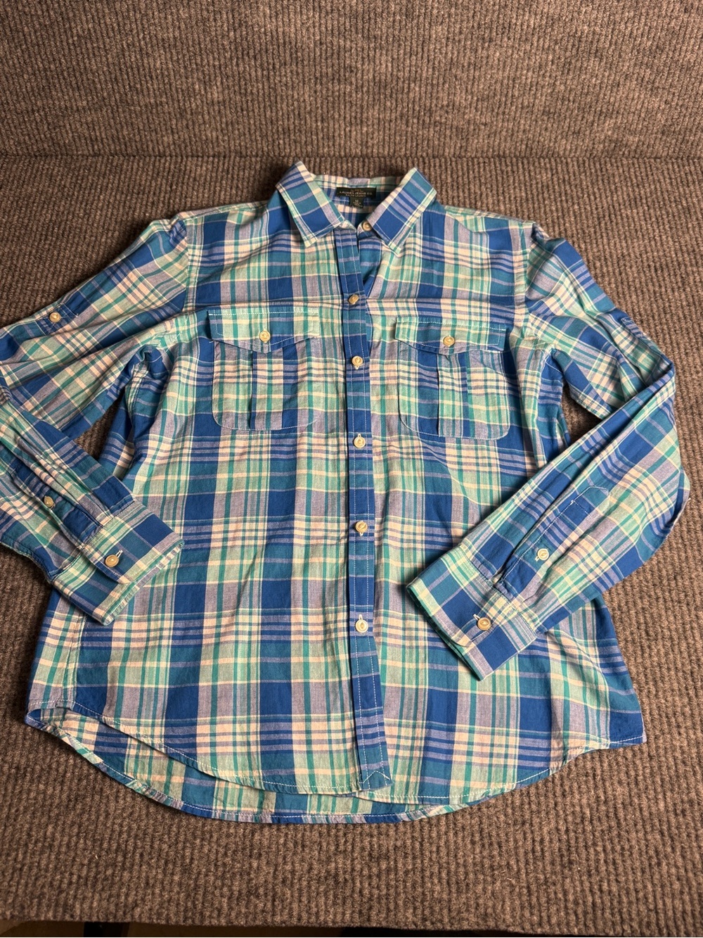 Lauren Ralph Lauren Plaid Utility Shirt - Blue Green Roll-Tab Blouse Size M